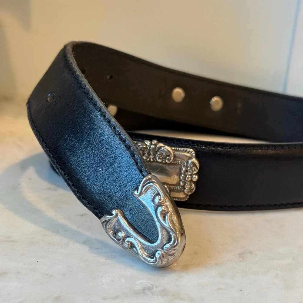 Vintage Fossil Leather Belt Womens Black Silver Ornate Buckle Western Concho